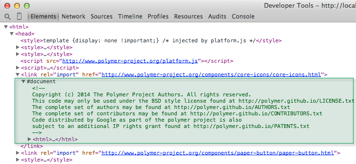 HTML import link expanded in DevTools Elements panel
