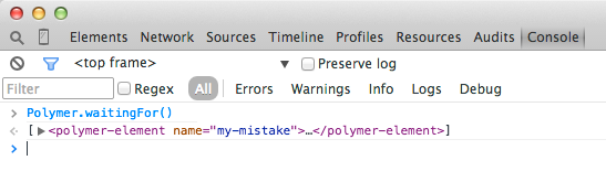 DevTools console showing Polymer.waitingFor call and output