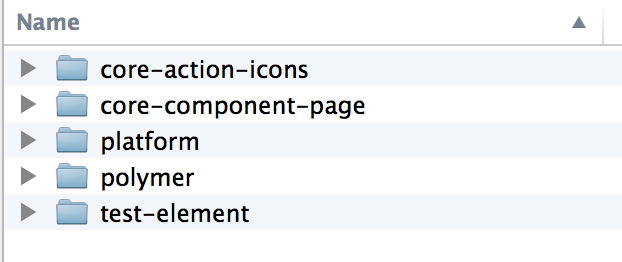 Directory listing of installed Bower packages including polymer, platform, core-component-page and core-action-icons. As this is the development directory, test-element is also shown in the directory list